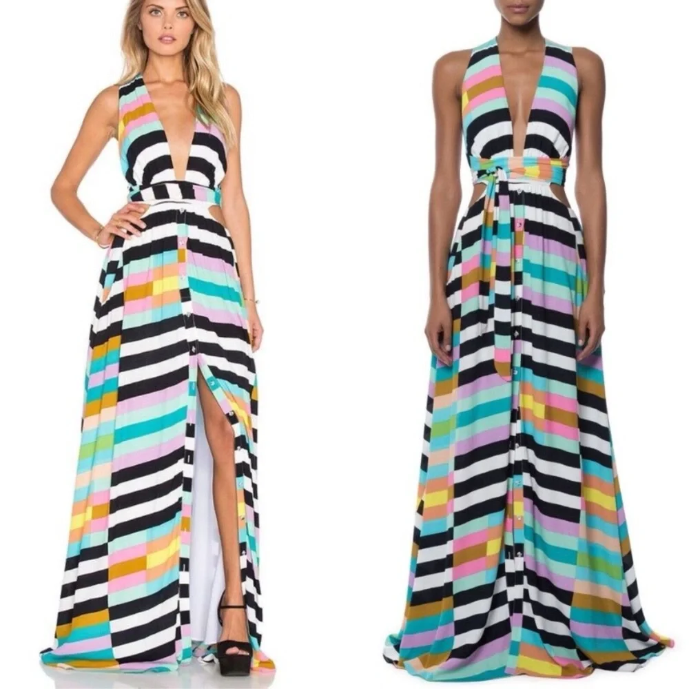 Mara Hoffman Striped rainbow multi color striped halter cross back tie Dress - Picture 2 of 7